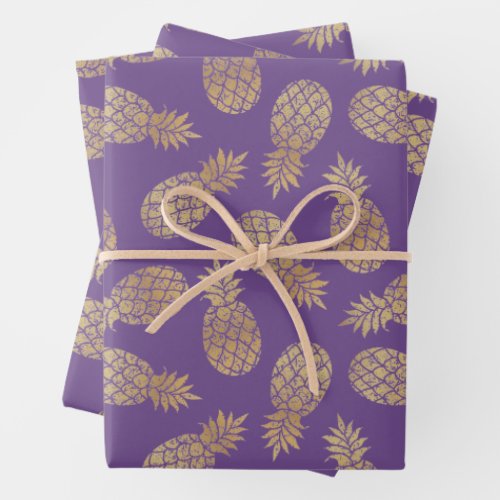 Gold Pineapples on Purple Wrapping Paper Sheets