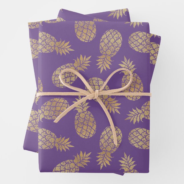 Gold Pineapples on Purple Wrapping Paper Sheets (In situ)