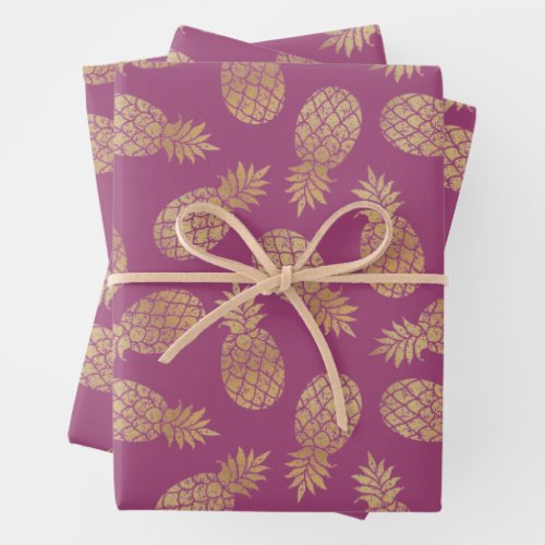 Gold Pineapples on Raspberry Wrapping Paper Sheets