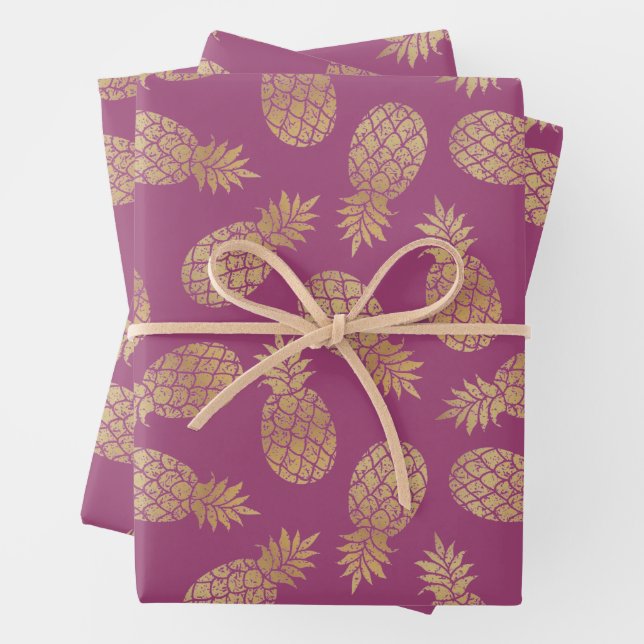 Gold Pineapples on Raspberry Wrapping Paper Sheets (In situ)