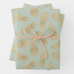 Gold Pineapples on Sage Green Wrapping Paper Sheets