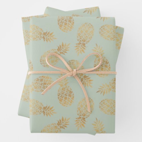 Gold Pineapples on Sage Green Wrapping Paper Sheets