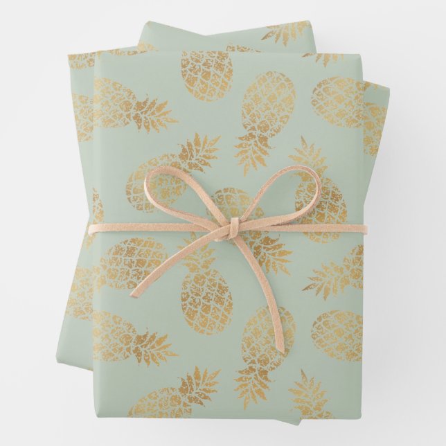 Gold Pineapples on Sage Green Wrapping Paper Sheets (In situ)