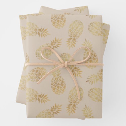 Gold Pineapples on Taupe Wrapping Paper Sheets