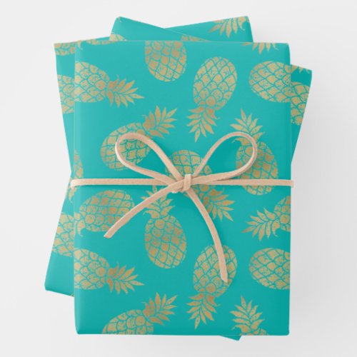 Gold Pineapples on Turquoise Wrapping Paper Sheets