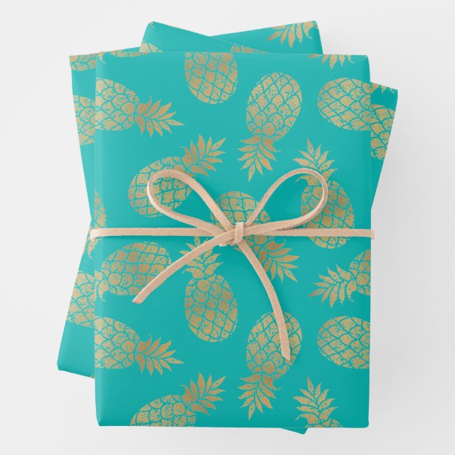 Gold Pineapples on Turquoise Wrapping Paper Sheets (In situ)