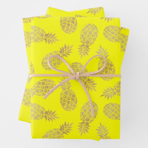 Gold Pineapples on Yellow Wrapping Paper Sheets