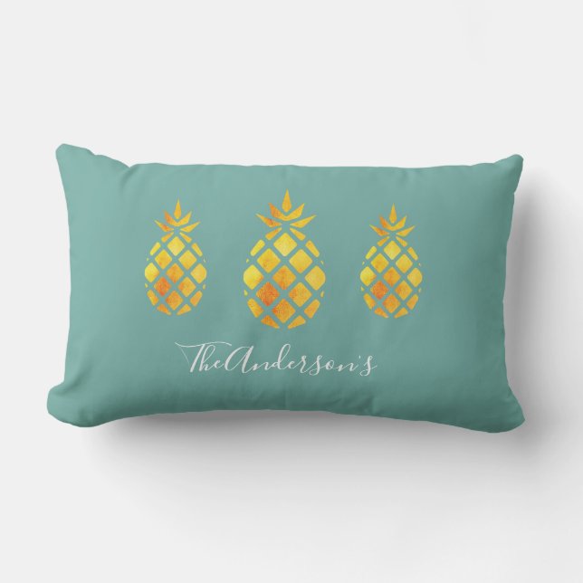 Gold pineapples sea green lumbar pillow (Front)