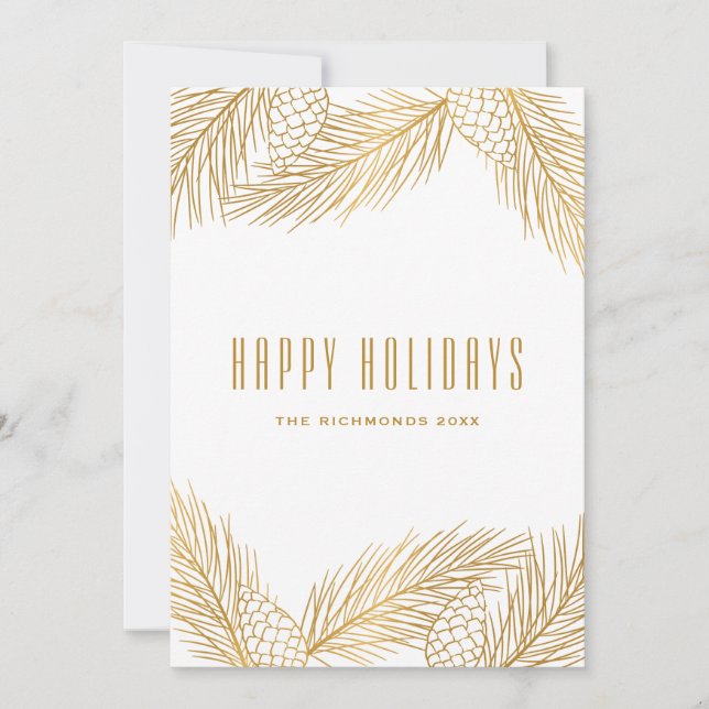 Gold Pinecones and Pine Needles Holiday Card (Front)