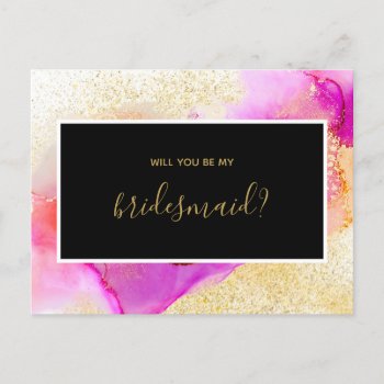 Gold Pink Abstract Watercolor Be My Bridesmaid Invitation Postcard by melanileestyle at Zazzle