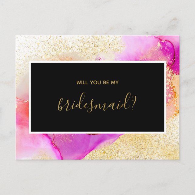 Gold Pink Abstract Watercolor Be My Bridesmaid Invitation Postcard (Front)