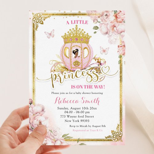 Gold Pink African Princess Carriage Baby Shower Invitation
