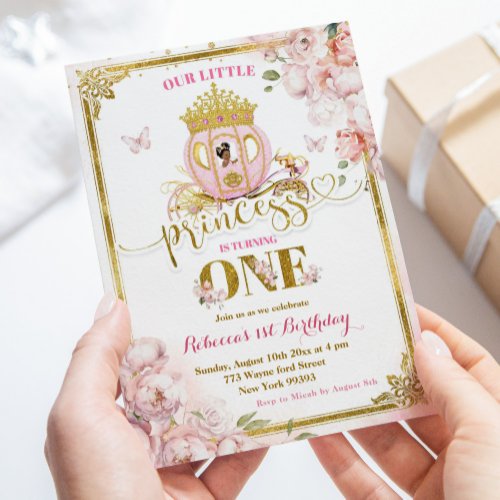 Gold Pink African Princess Carriage First Birthday Invitation