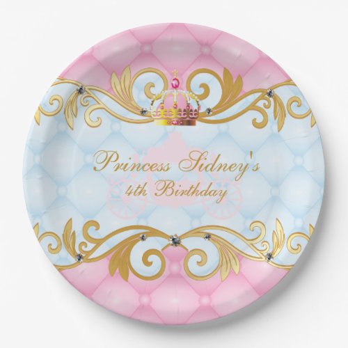 Gold Pink and Baby Blue Princess Party Paper Plates