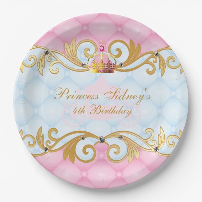 Gold, Pink and Baby Blue Princess Party Paper Plates (Front)