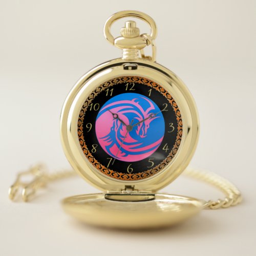 Gold pink and blue Yin and Yang  2 Pocket Watch