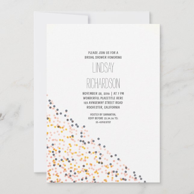 gold pink and navy confetti bridal shower invitation (Front)