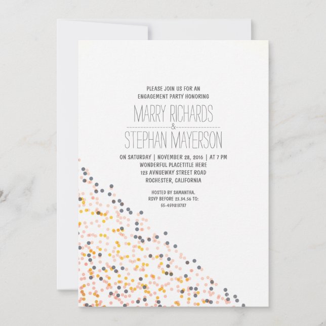 gold pink and navy confetti engagement party invitation (Front)
