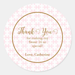 Gold Pink And White Puzzle Checkered Sweet 16 Classic Round Sticker