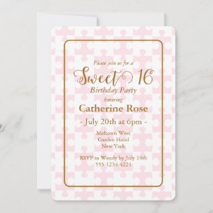 Gold Pink And White Puzzle Checkered Sweet 16 Invitation