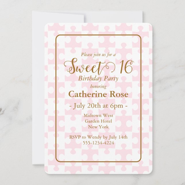 Gold Pink And White Puzzle Checkered Sweet 16 Invitation (Front)
