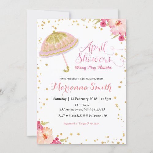 Gold Pink April Shower Bring May Flowers Invitation