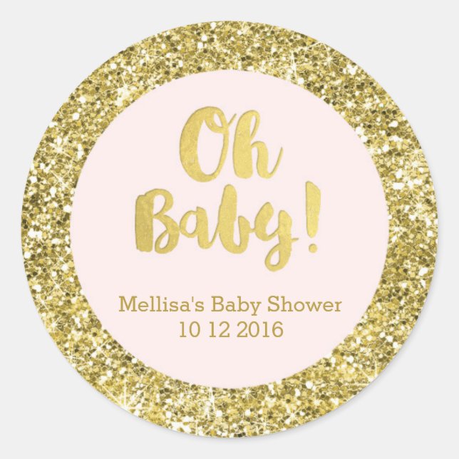Gold Pink Baby Shower Oh Baby Favor Sticker (Front)