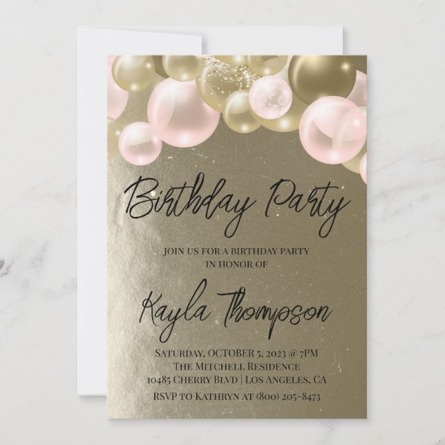 Gold Pink Balloon Birthday Party Invitation (Front)