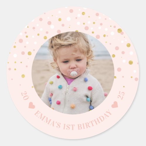 Gold  Pink Balloons  1st Birthday Party Photo Cl Classic Round Sticker