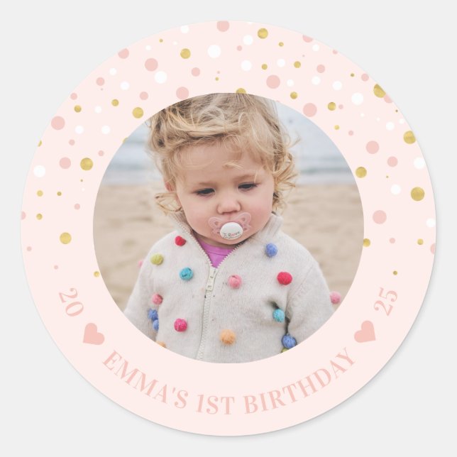 Gold & Pink Balloons | 1st Birthday Party Photo Cl Classic Round Sticker (Front)
