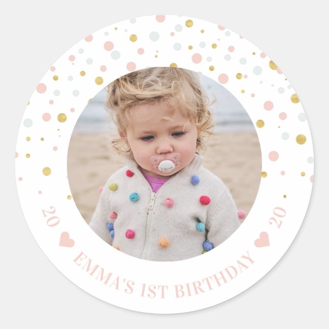 Gold & Pink Balloons | 1st Birthday Party Photo Classic Round Sticker (Front)