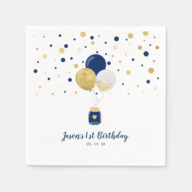Gold & Pink | Balloons & Confetti Boy Birthday Napkins (Front)