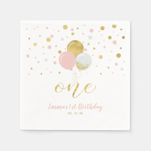 Gold & Pink   Balloons, Confetti Girl 1st Birthday Napkins