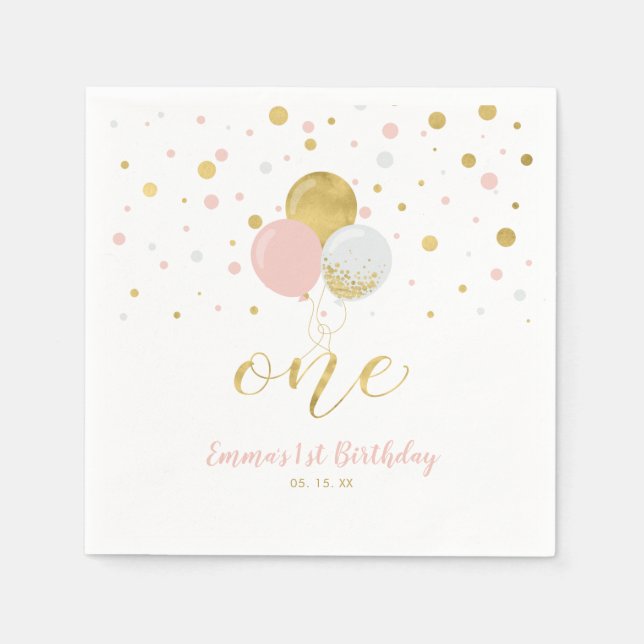 Gold & Pink | Balloons, Confetti Girl 1st Birthday Napkins (Front)