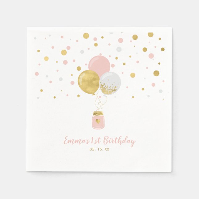 Gold & Pink | Balloons & Confetti Girl Birthday Napkins (Front)