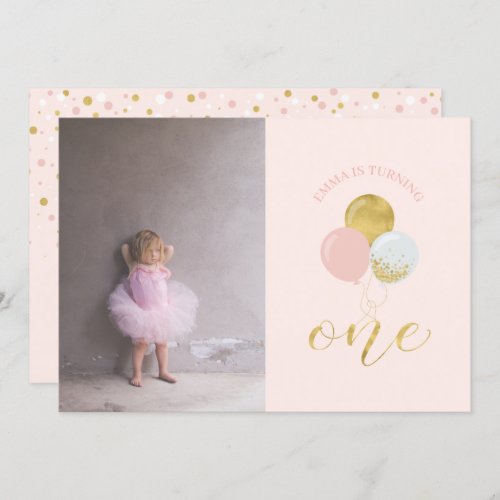 Gold  Pink Balloons  Girl 1st Birthday Party Inv Invitation