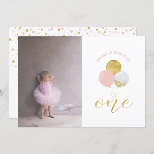 Gold  Pink Balloons  Girl 1st Birthday Party Invitation