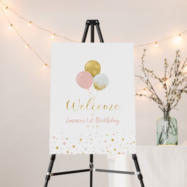 Gold & Pink Balloons | Girl 1st Birthday Welcome Foam Board (In Situ (Stand))
