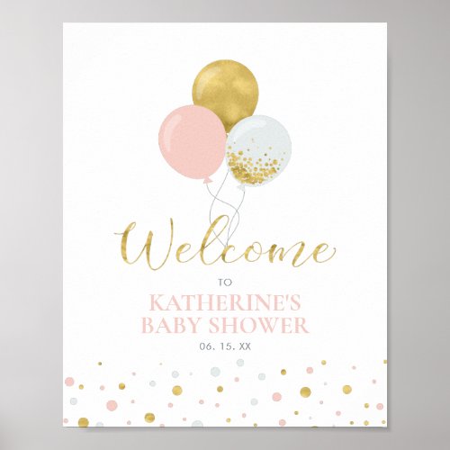 Gold  Pink Balloons  Girl Baby Shower Welcome Poster
