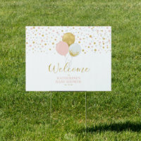Gold & Pink Balloons Girl Baby Shower Welcome Sign