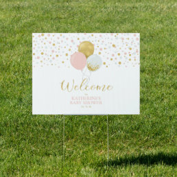 Gold &amp; Pink Balloons Girl Baby Shower Welcome Sign
