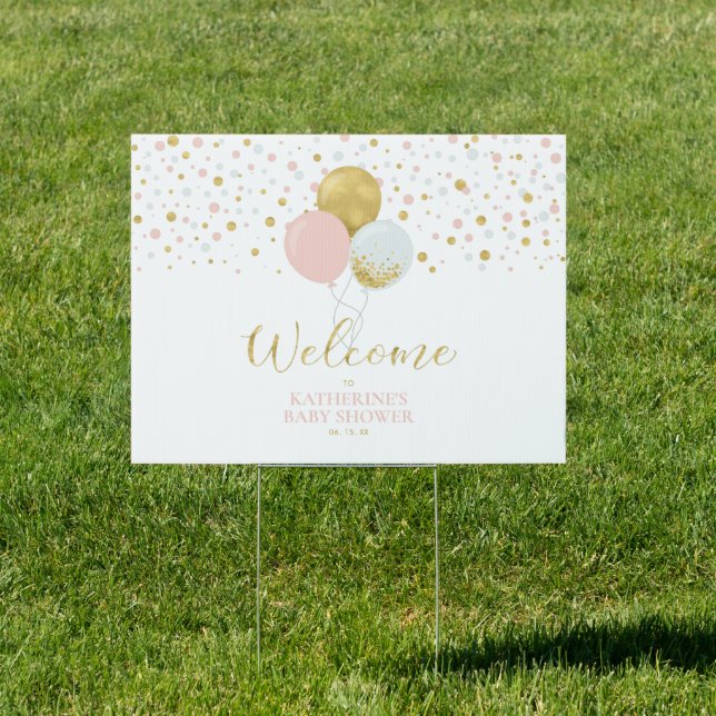 Gold & Pink Balloons Girl Baby Shower Welcome Sign (Insitu)