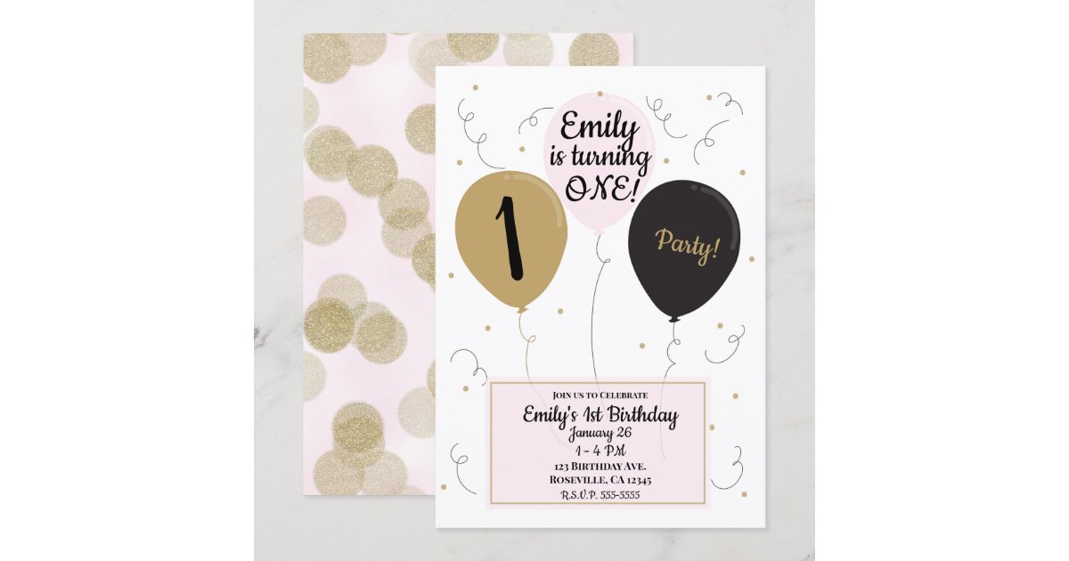 Gold Pink & Black Balloons Girl 1st Birthday Party Invitation | Zazzle