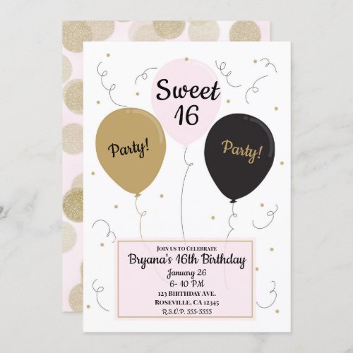 Gold Pink  Black Balloons Sweet 16 Birthday Party Invitation
