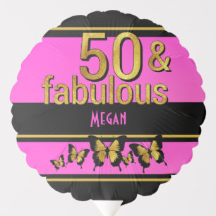 Gold Pink Black Butterfly Fifty and Fabulous 50th Balloon