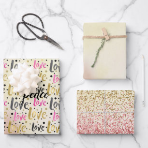 Gold Pink Black Confetti Love Peace Glitter Wrapping Paper Sheets