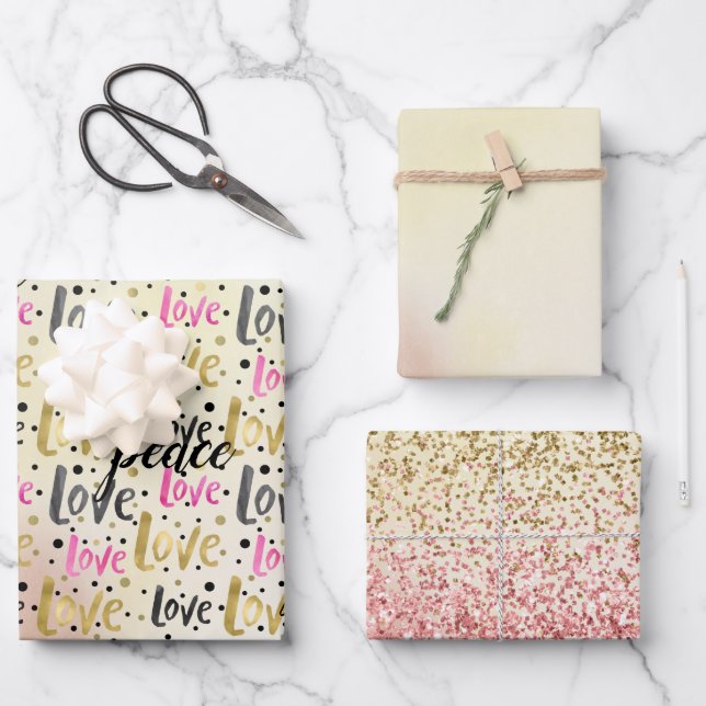 Gold Pink Black Confetti Love Peace Glitter Wrapping Paper Sheets (Front)