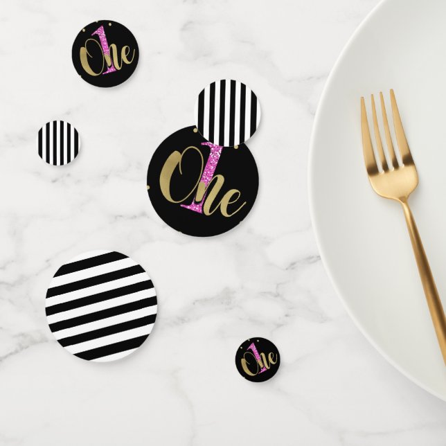 Gold Pink Black Glitter Floral ONE 1st Birthday Confetti (Group)