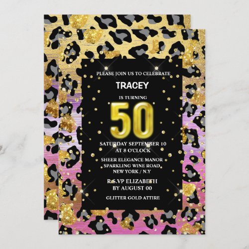 Gold pink black leopard print jungle glitter 50th invitation