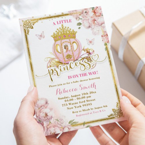 Gold Pink Blonde Princess Carriage Baby Shower Invitation